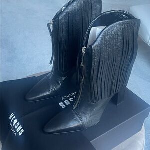 New Versus Versace Black Leather Fringe Boots size 39